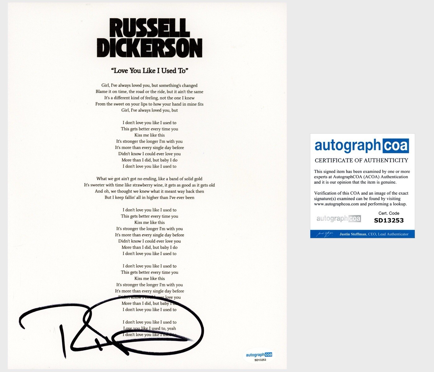 ‘RUSSELL DICKERSON’ SIGNED LYRIC SHEET ‘LOVE YOU LIKE I USED TO’ ACOA PROOF COLLECTIBLE MEMORABILIA