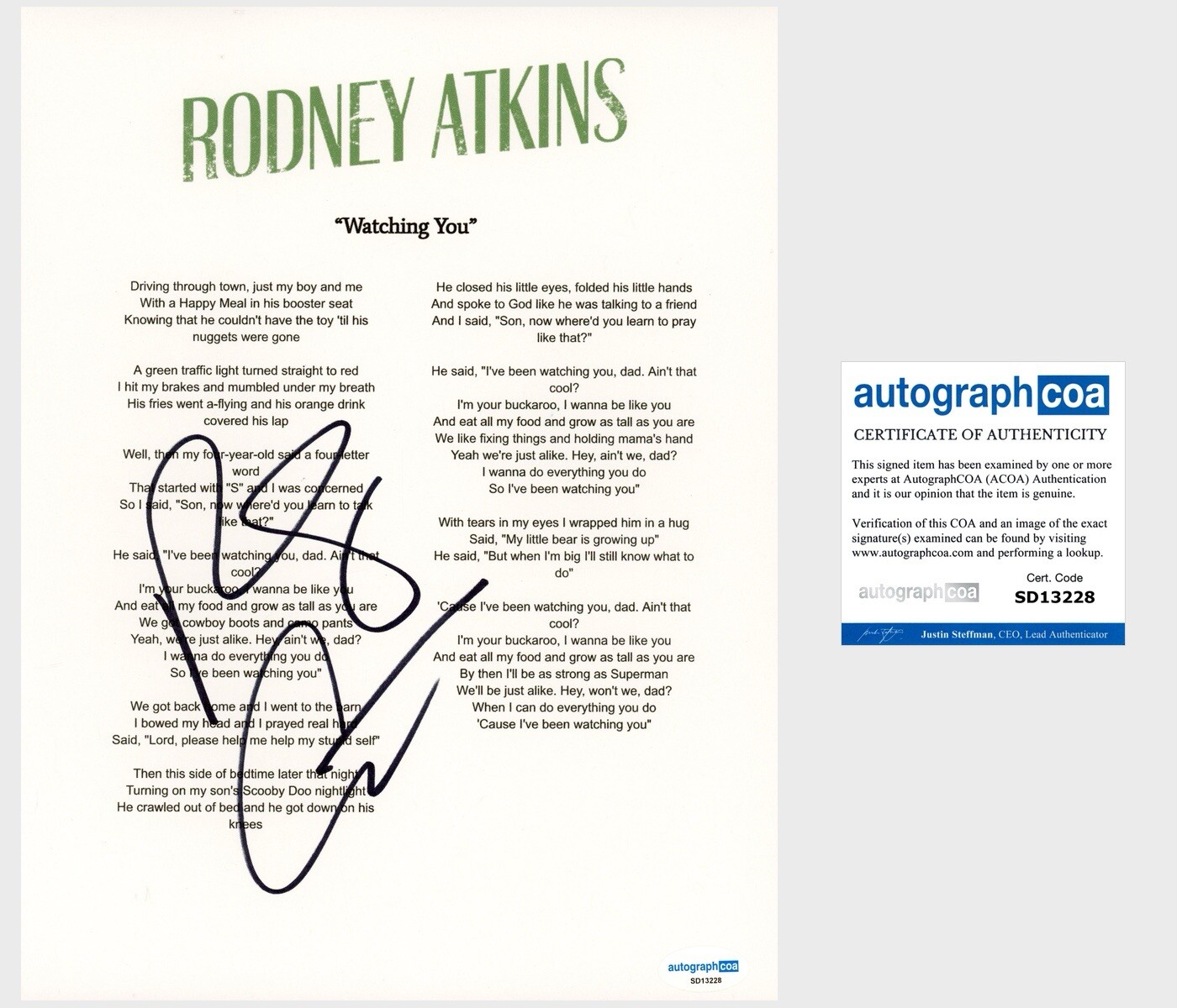 ‘Rodney Atkins’ Signed Lyric Sheet ‘Watching You’ ACOA PROOF
