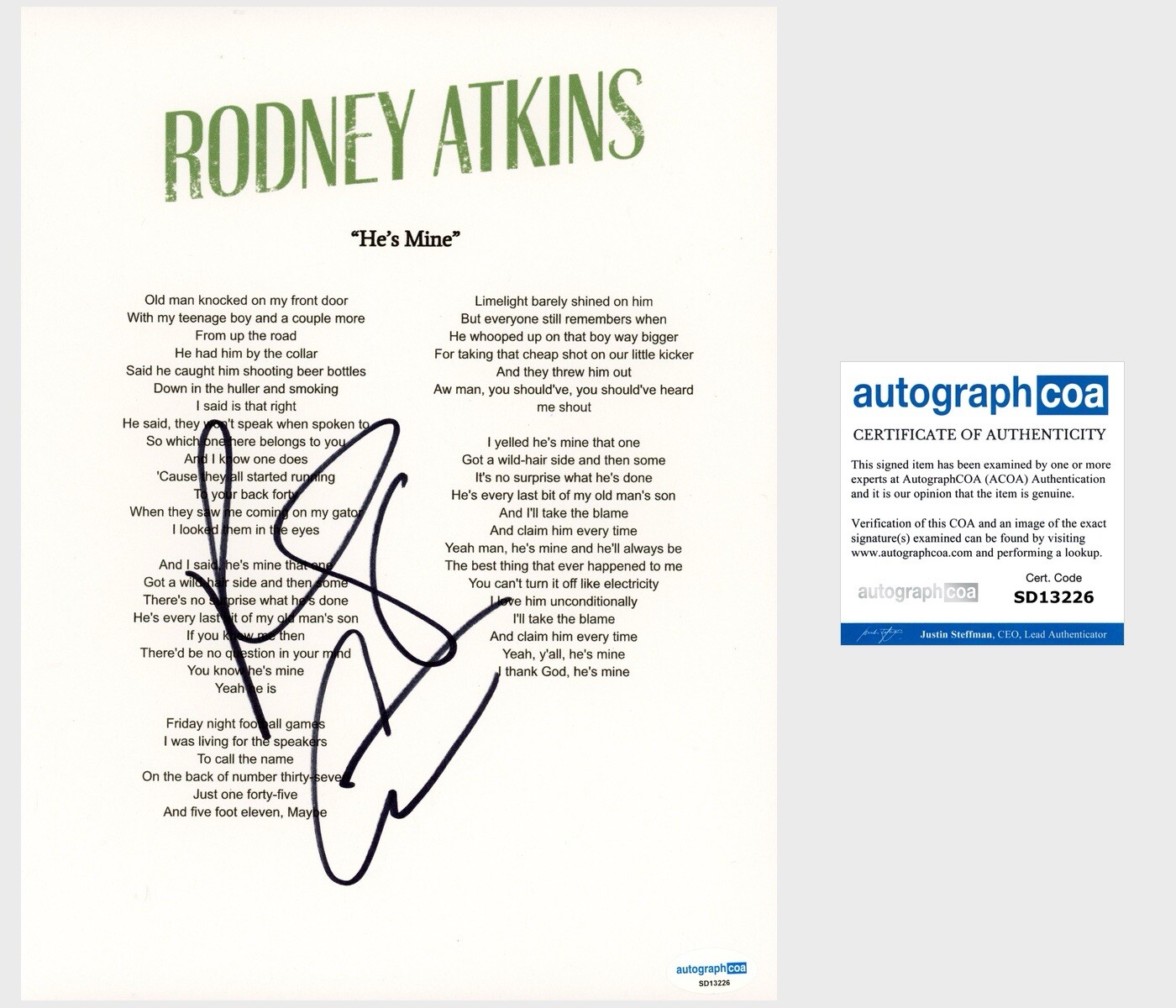 ‘RODNEY ATKINS’ SIGNED LYRIC SHEET ‘HE’S MINE’ ACOA PROOF COLLECTIBLE MEMORABILIA