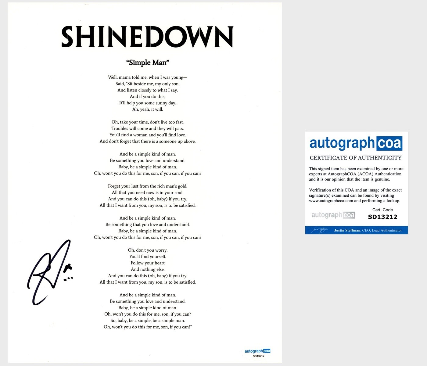‘BRENT SMITH’ SIGNED LYRIC SHEET ‘SHINEDOWN’ BAND ‘SIMPLE MAN’ ACOA COLLECTIBLE MEMORABILIA
