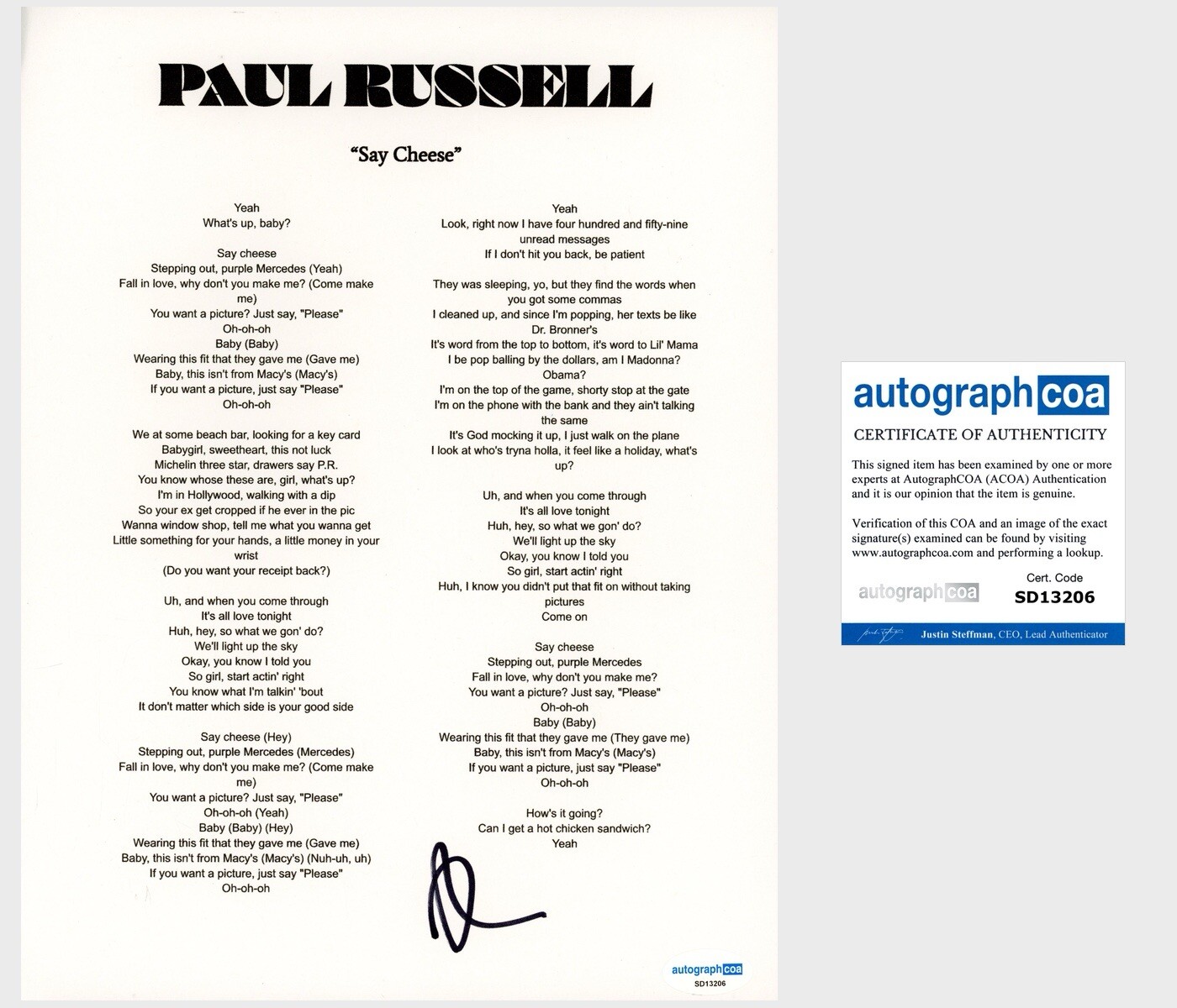 ‘Paul Russell’ Signed Lyric Sheet ‘Say Cheese’ ACOA Pop Singer