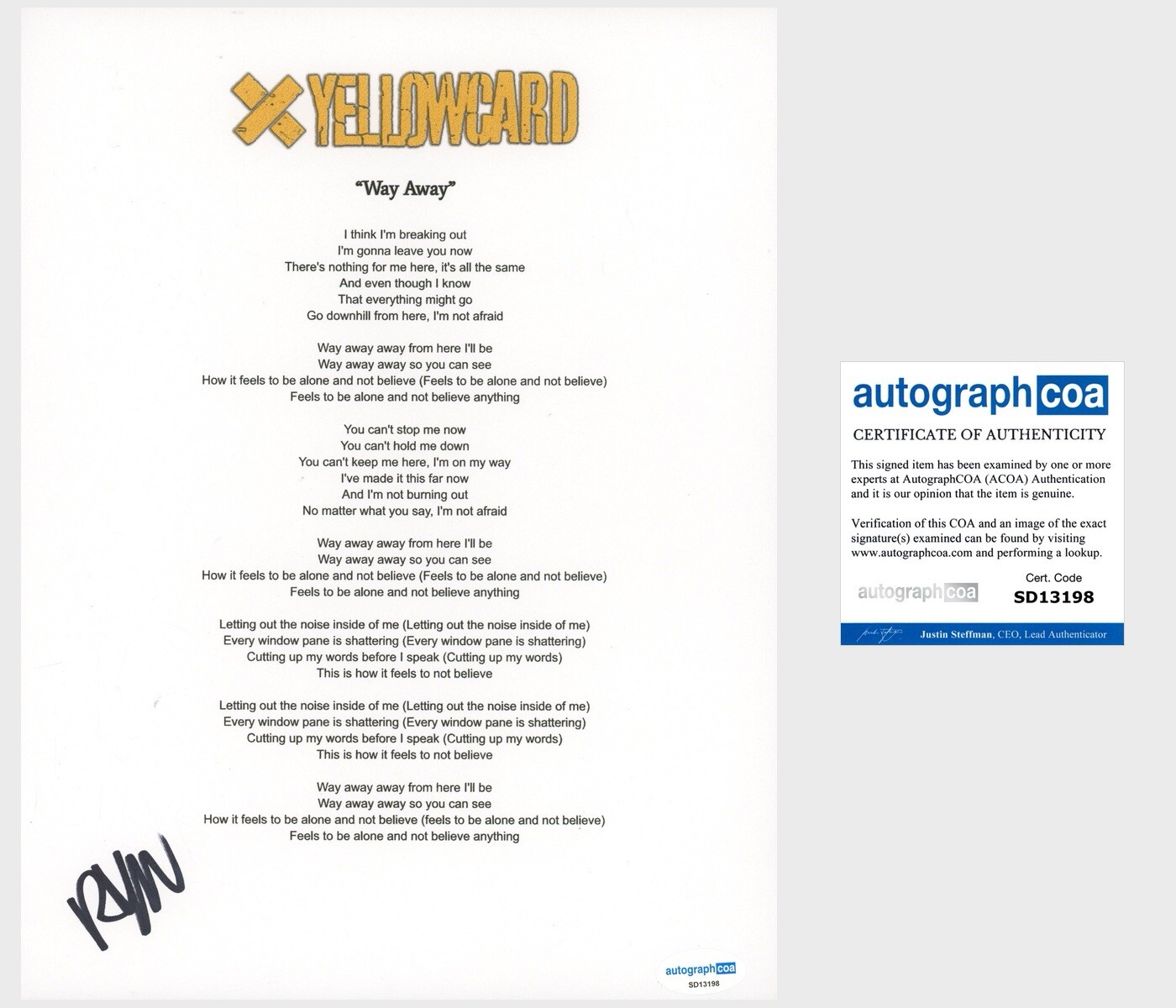 ‘RYAN KEY’ SIGNED LYRIC SHEET ‘YELLOWCARD’ LEAD SINGER ‘WAY AWAY’ ACOA COLLECTIBLE MEMORABILIA
