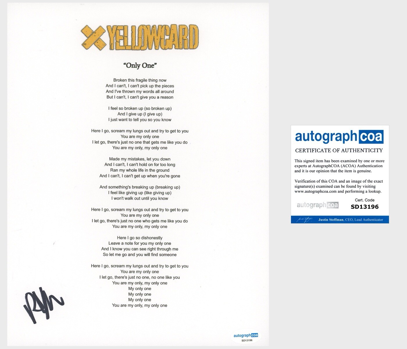 ‘Ryan Key’ Signed Lyric Sheet ‘Yellowcard’ Lead Singer ‘Only One’ ACOA