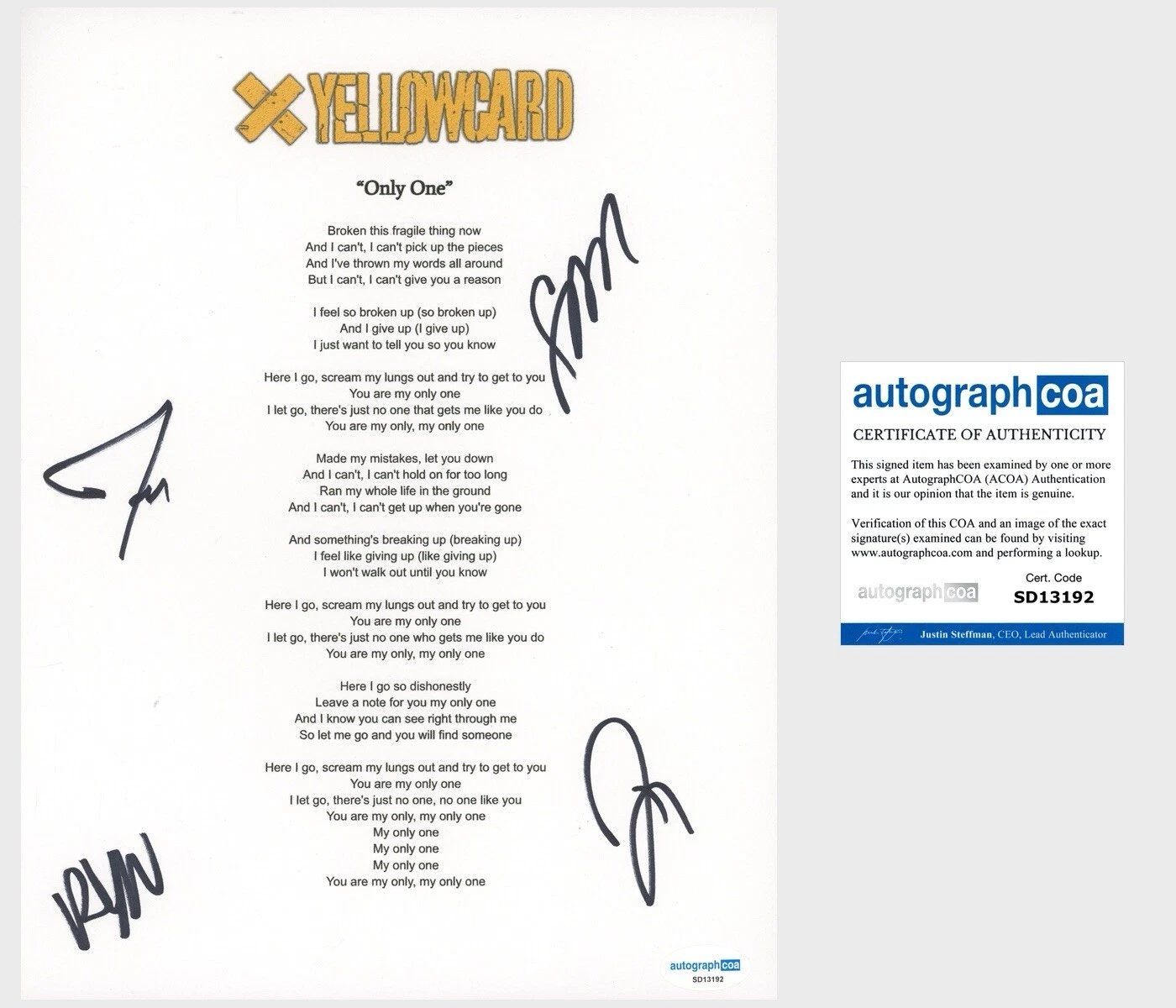 ‘YELLOWCARD’ FULL BAND SIGNED LYRIC SHEET ‘ONLY ONE’ RYAN KEY +3 ACOA COLLECTIBLE MEMORABILIA