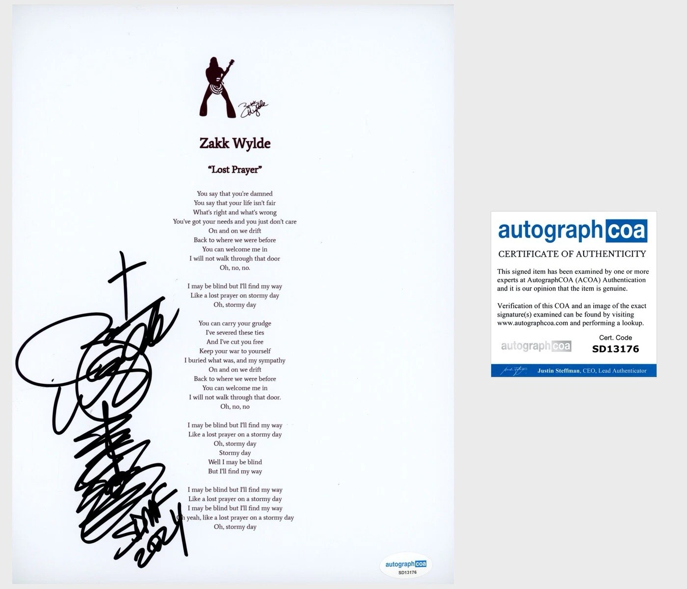 ‘Zakk Wylde’ Signed Lyric Sheet ‘Lost Prayer’ Black Label Society ACOA PROOF￼