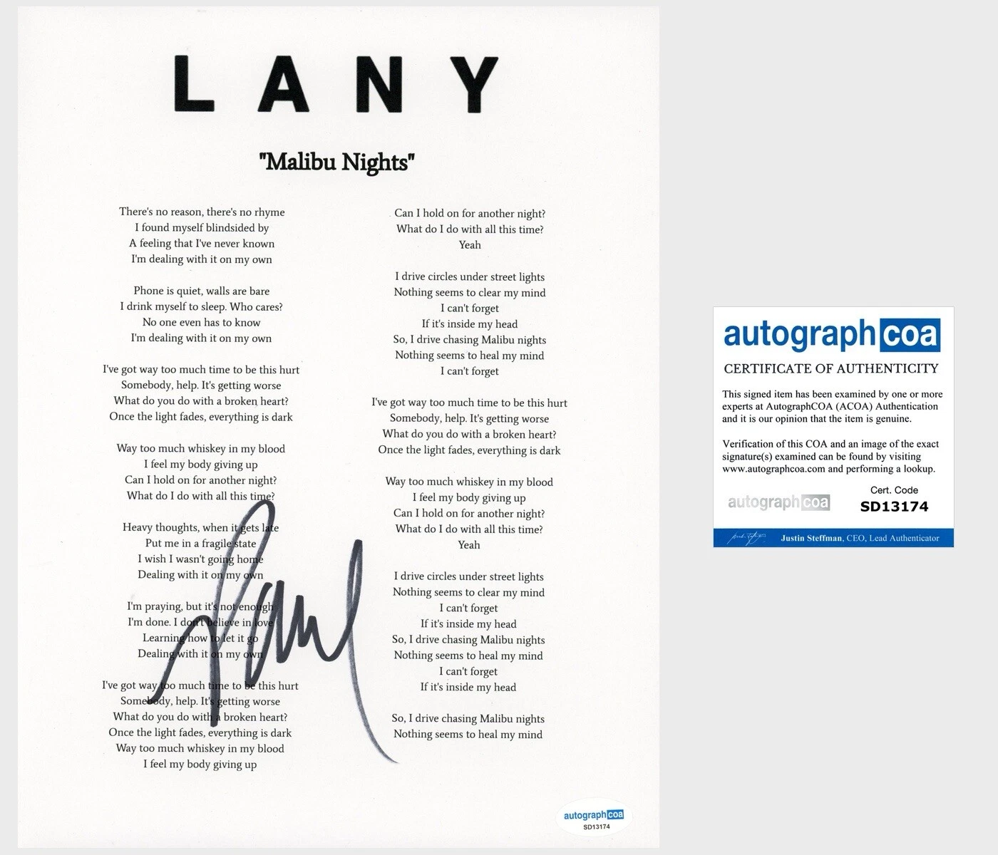 Paul Klein ‘LANY’ Signed Lyric Sheet Pop Band Lead Singer ‘Malibu Nights’ ACOA