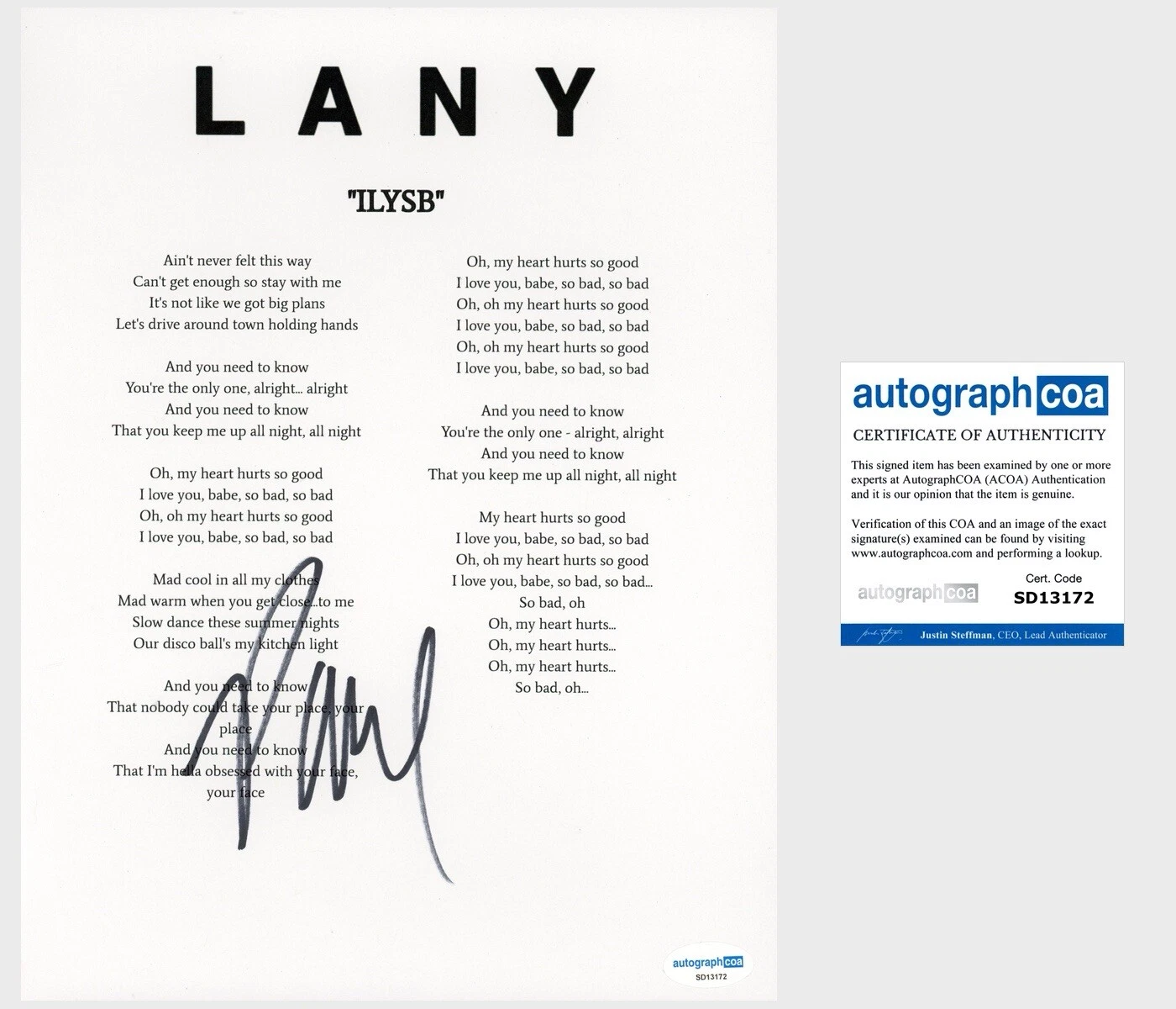 Paul Klein ‘LANY’ Signed Lyric Sheet Pop Band Lead Singer ‘ILYSB’ ACOA