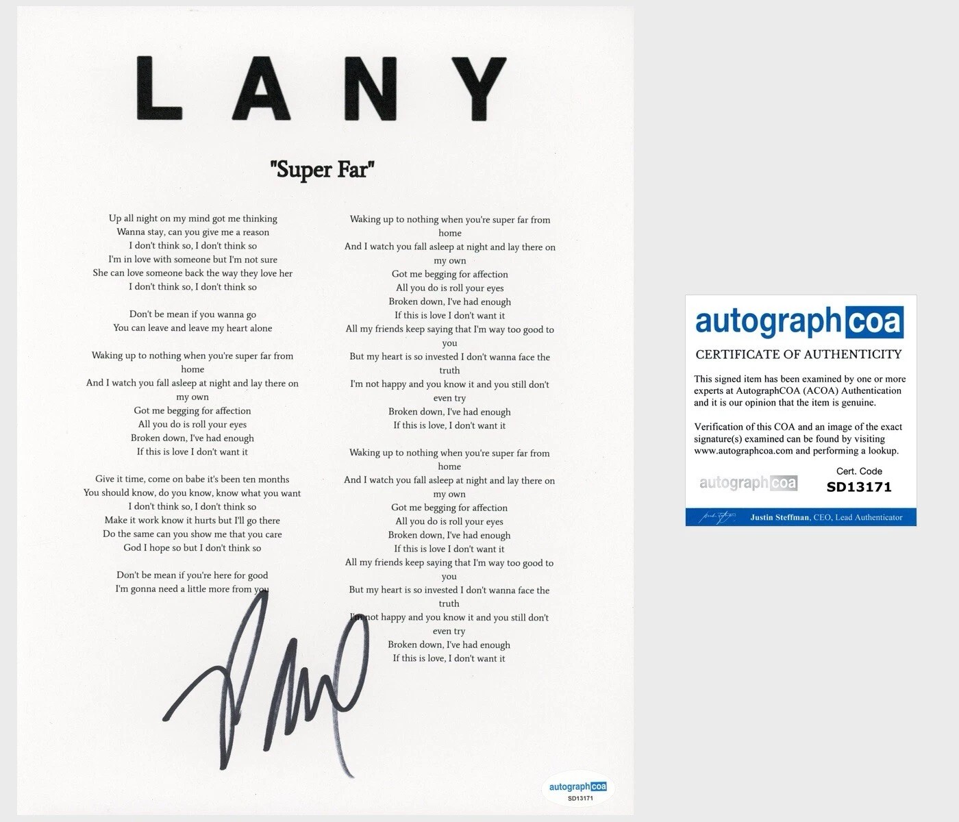 Paul Klein ‘LANY’ Signed Lyric Sheet Pop Band Lead Singer ‘Super Far’ ACOA