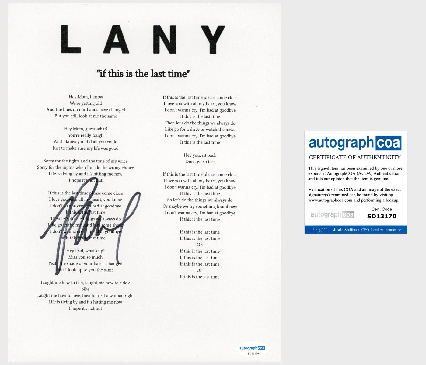Paul Klein ‘LANY’ Signed Lyric Sheet Pop Band ‘If This Is The Last Time’ ACOA