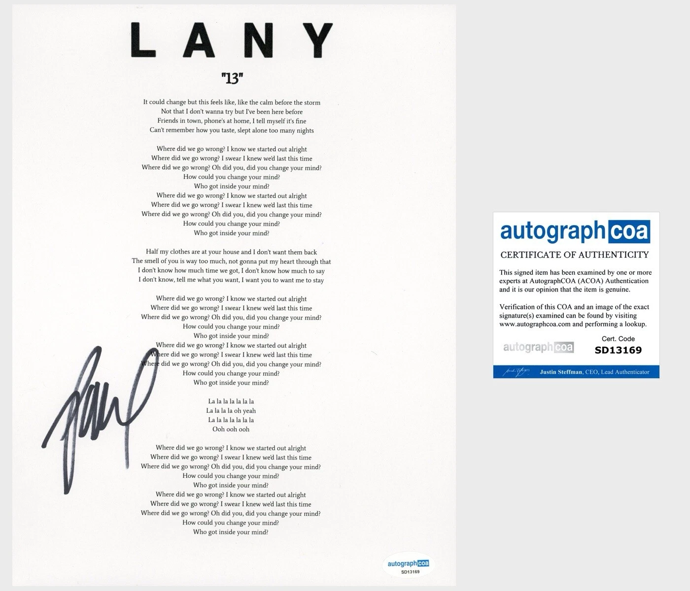 Paul Klein ‘LANY’ Signed Lyric Sheet Pop Band Lead Singer ‘13’ ACOA