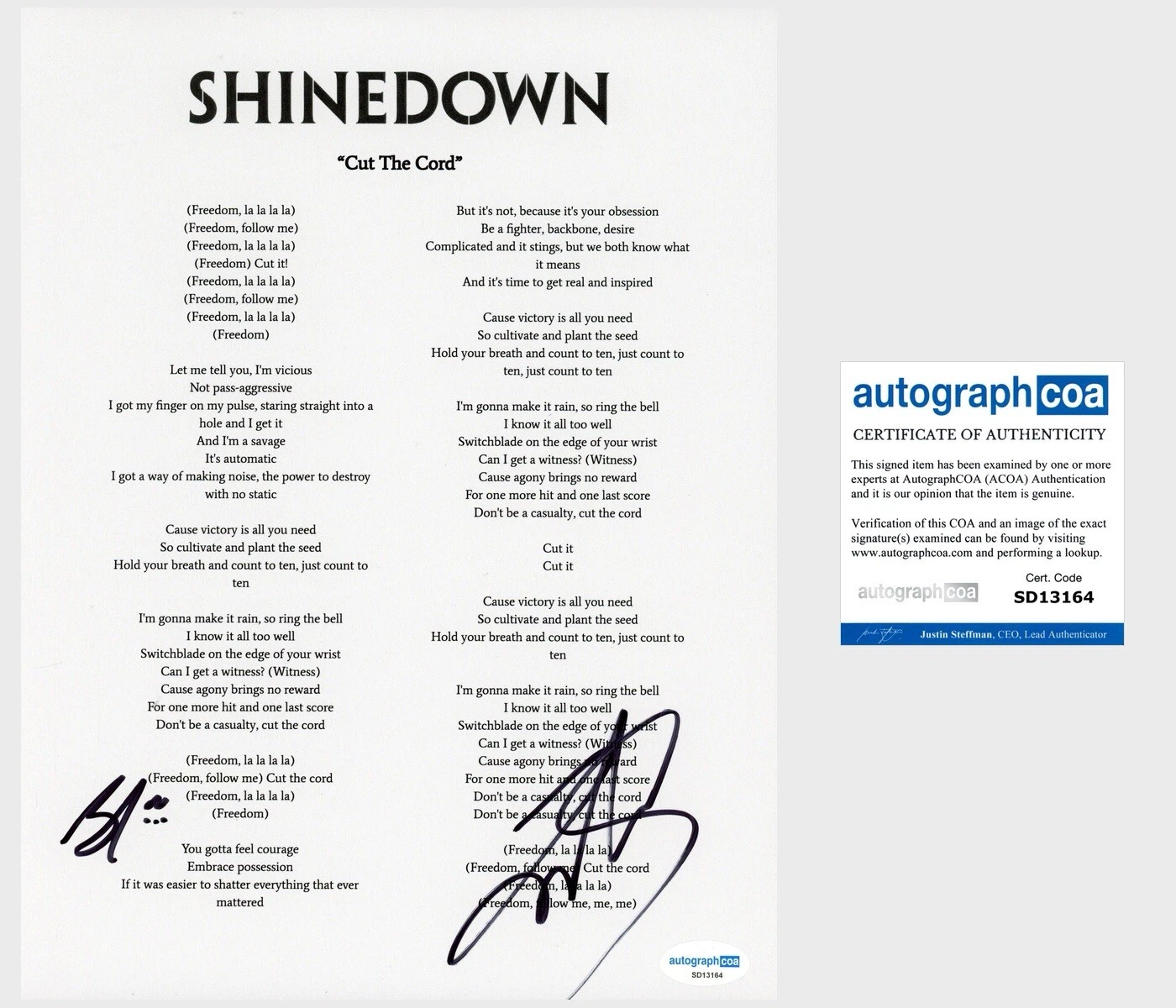 ‘BRENT SMITH & ZACH MYERS’ SIGNED LYRIC SHEET ‘SHINEDOWN’ BAND CUT THE CORD ACOA COLLECTIBLE MEMORABILIA