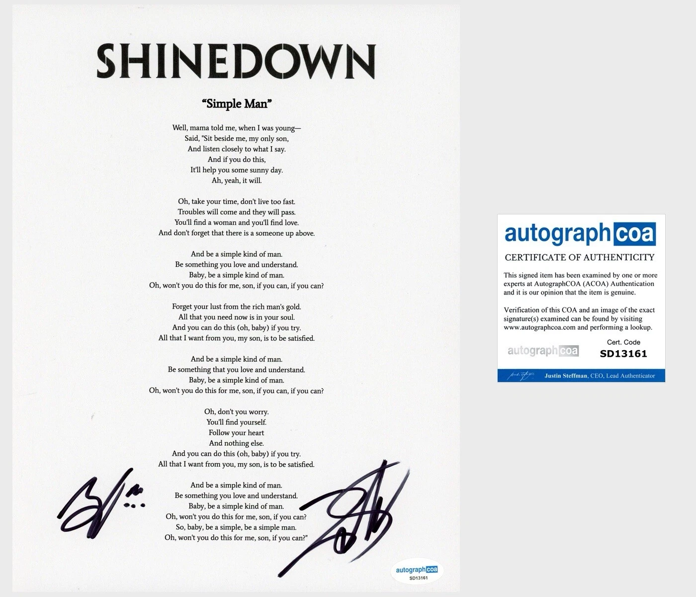 ‘BRENT SMITH & ZACH MYERS’ SIGNED LYRIC SHEET ‘SHINEDOWN’ BAND ‘SIMPLE MAN’ ACOA COLLECTIBLE MEMORABILIA