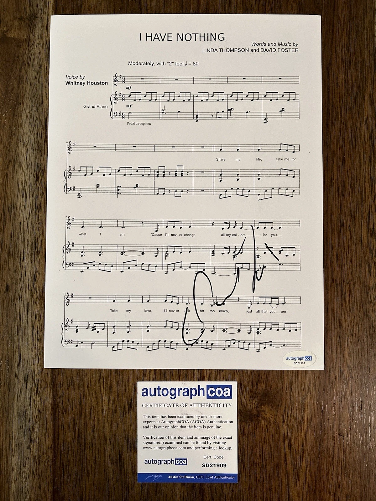 David Foster ‘I Have Nothing’ Award Winning Songwriter Signed Sheet Music ACOA