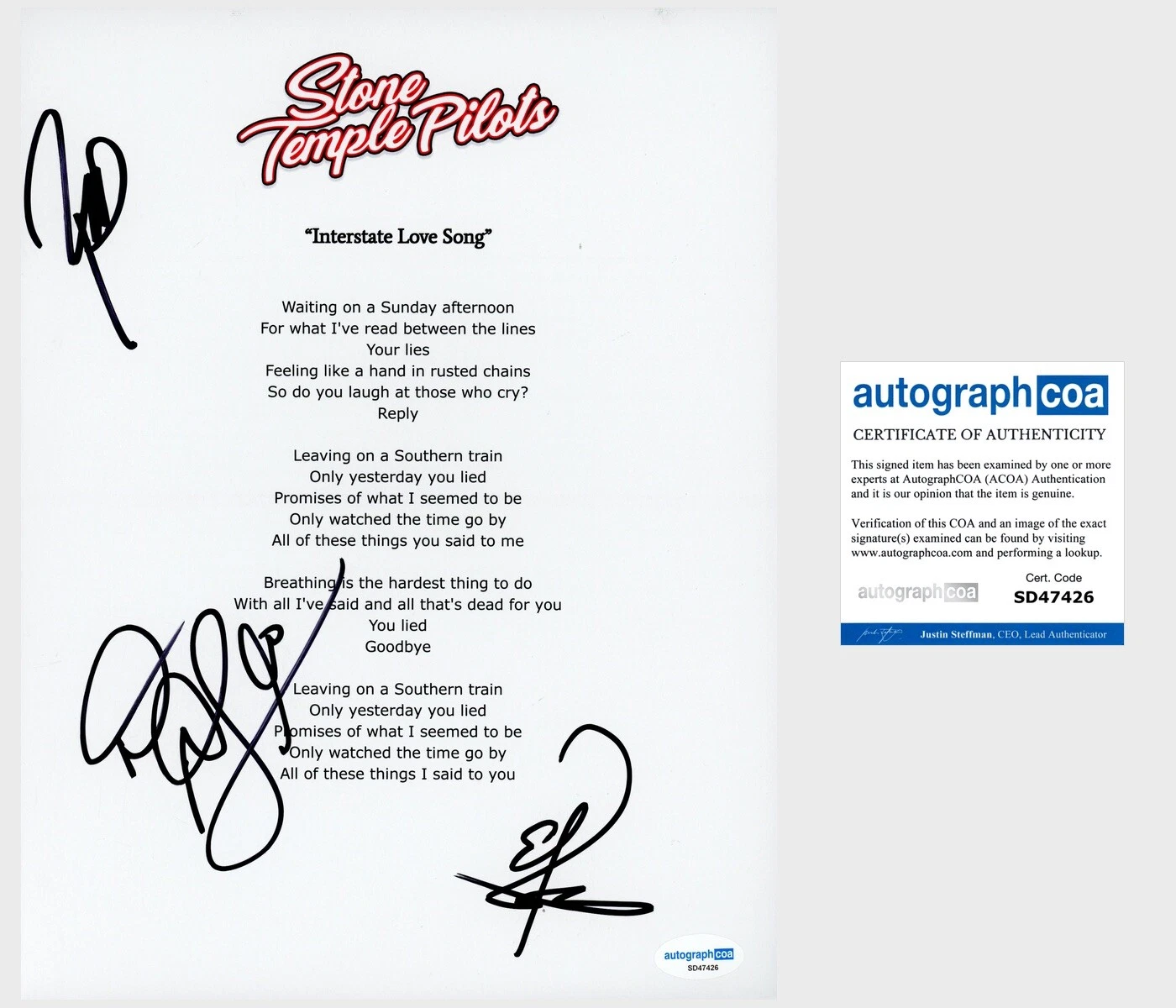‘Stone Temple Pilots’ Band Signed Lyric Sheet Dean & Robert DeLeo, Eric ACOA STP