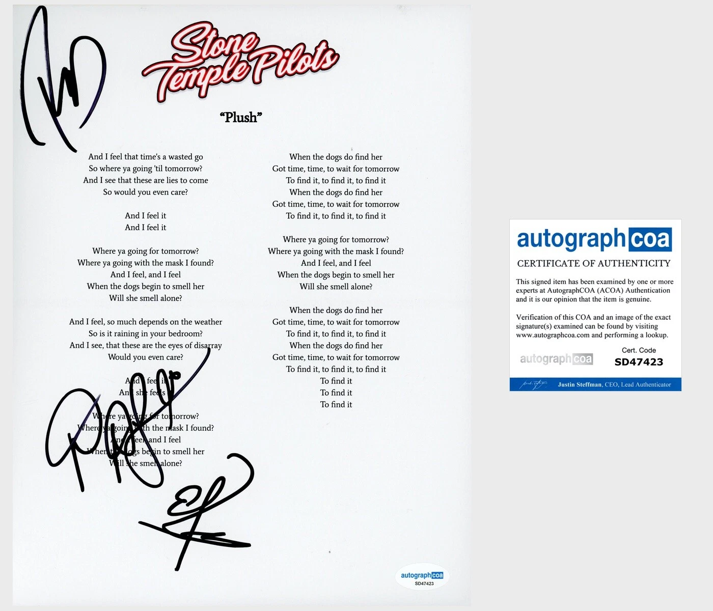 ‘Stone Temple Pilots’ Band Signed Lyric Sheet Dean & Robert DeLeo, Eric ACOA STP