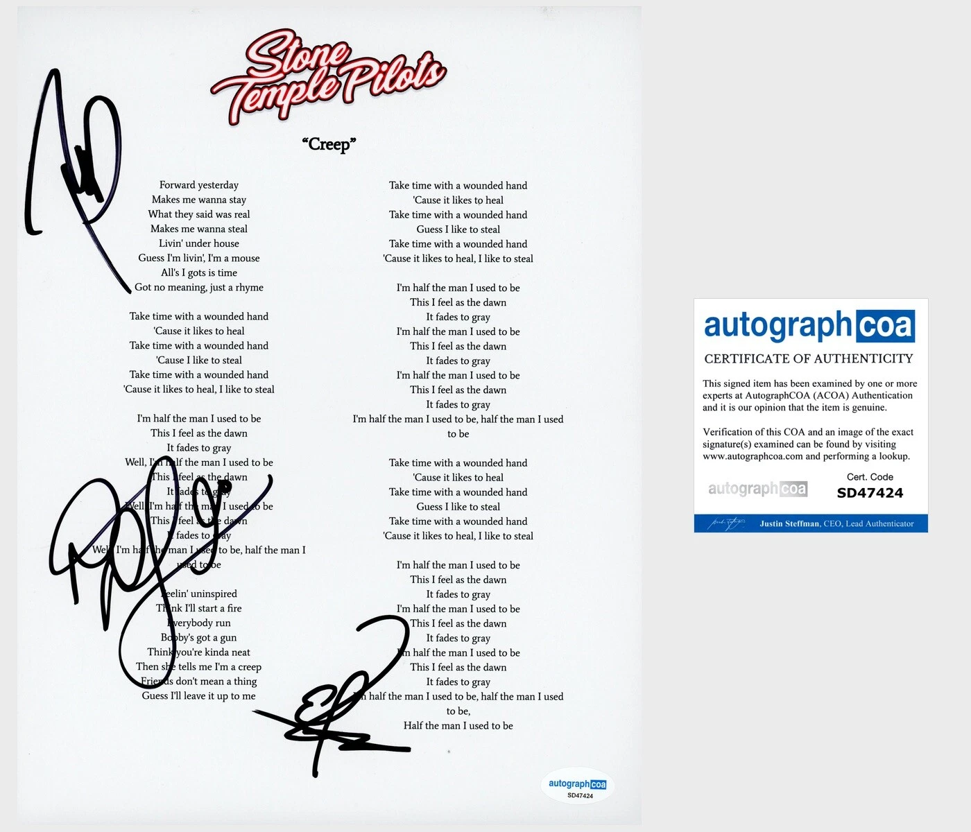 ‘Stone Temple Pilots’ Band Signed Lyric Sheet Dean & Robert DeLeo, Eric ACOA STP