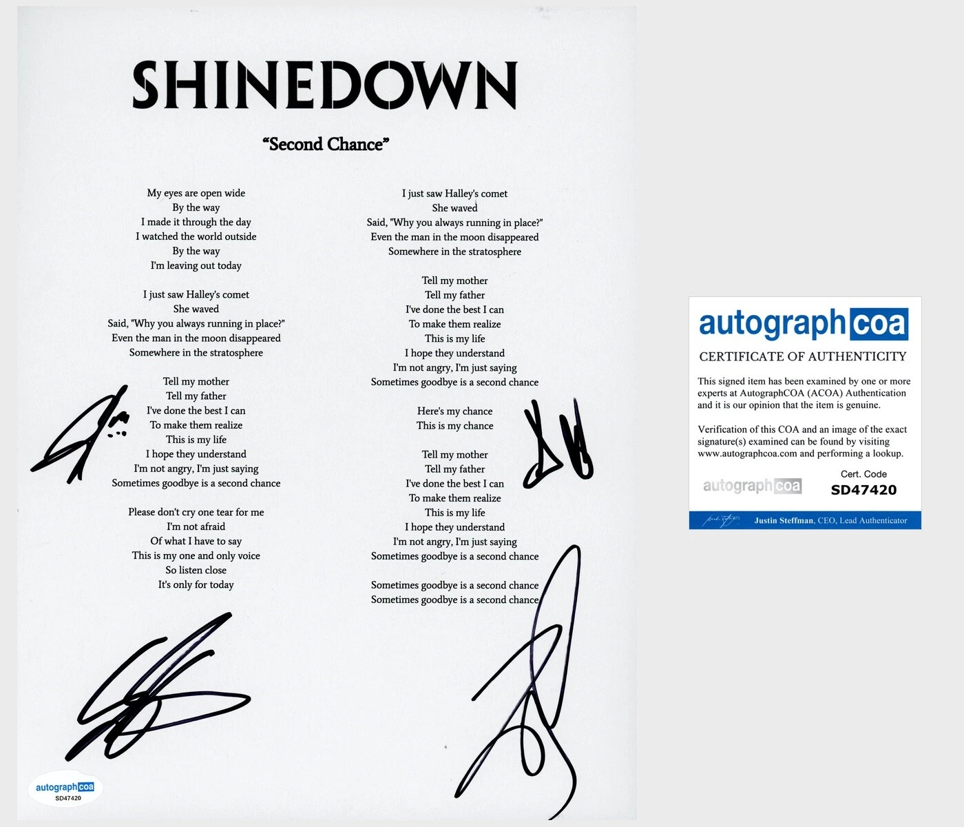 ‘SHINEDOWN’ FULL BAND SIGNED LYRIC SHEET ‘SECOND CHANCE’ BRENT SMITH +3 ACOA COLLECTIBLE MEMORABILIA