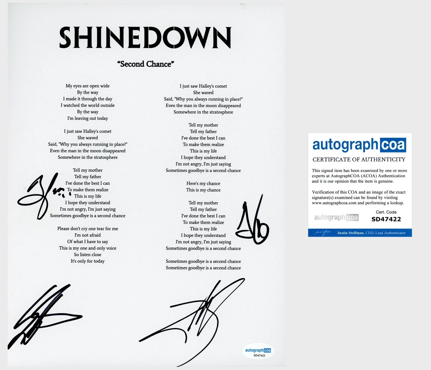 ‘Shinedown’ Full Band Signed Lyric Sheet ‘Second Chance’ Brent Smith +3 ACOA