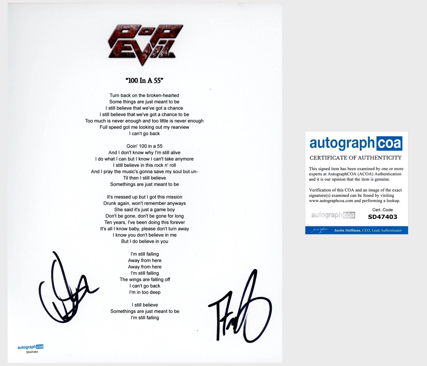 ‘POP EVIL’ BAND SIGNED ‘100 IN A 55’ LYRIC SHEET DAVE GRAHS & NICK FUELLING ACOA COLLECTIBLE MEMORABILIA