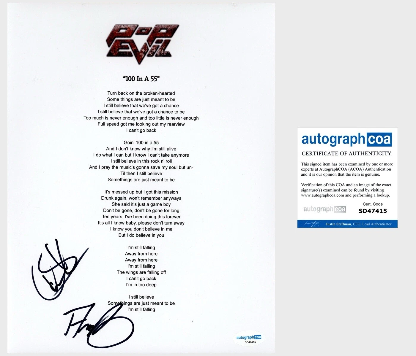 ‘Pop Evil’ Band Signed ‘100 In A 55’ Lyric Sheet Dave Grahs & Nick Fuelling ACOA