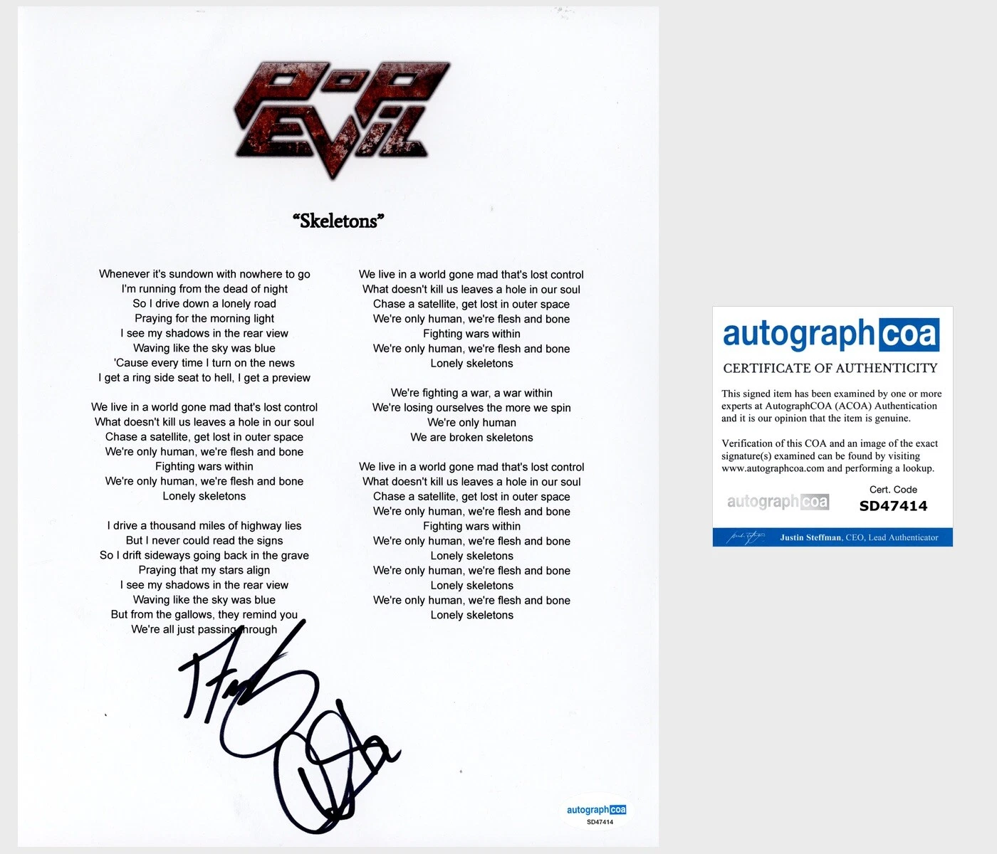 ‘POP EVIL’ BAND SIGNED ‘SKELETONS’ LYRIC SHEET DAVE GRAHS & NICK FUELLING ACOA COLLECTIBLE MEMORABILIA