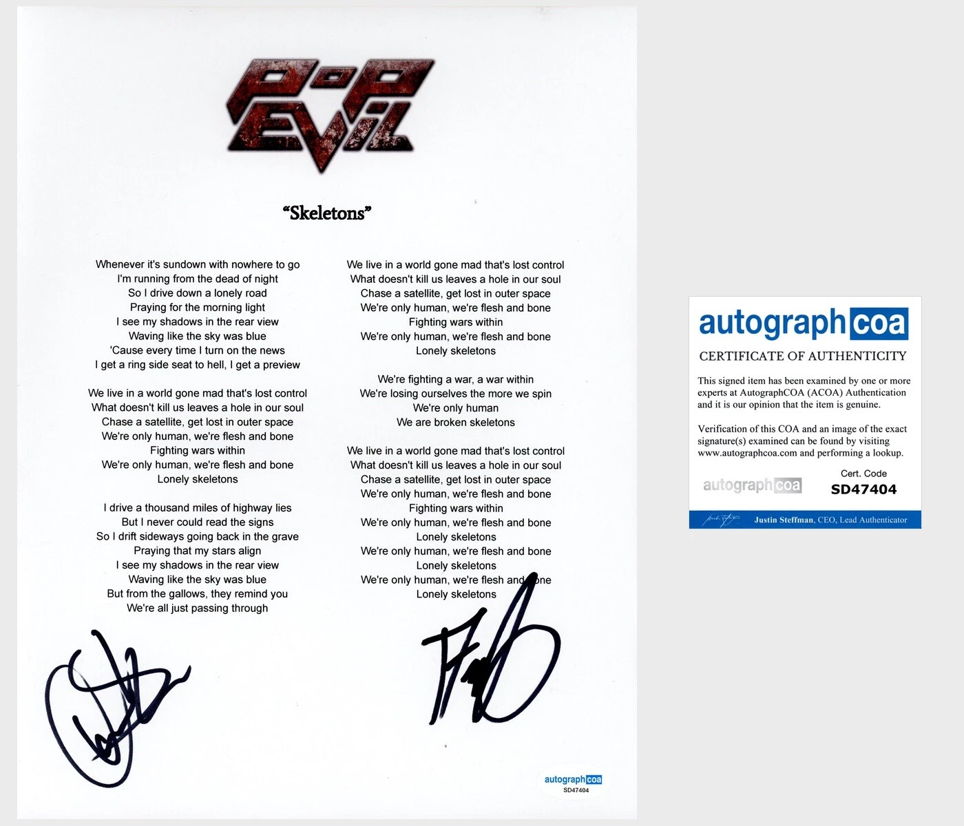 ‘POP EVIL’ BAND SIGNED ‘SKELETONS’ LYRIC SHEET DAVE GRAHS & NICK FUELLING ACOA COLLECTIBLE MEMORABILIA