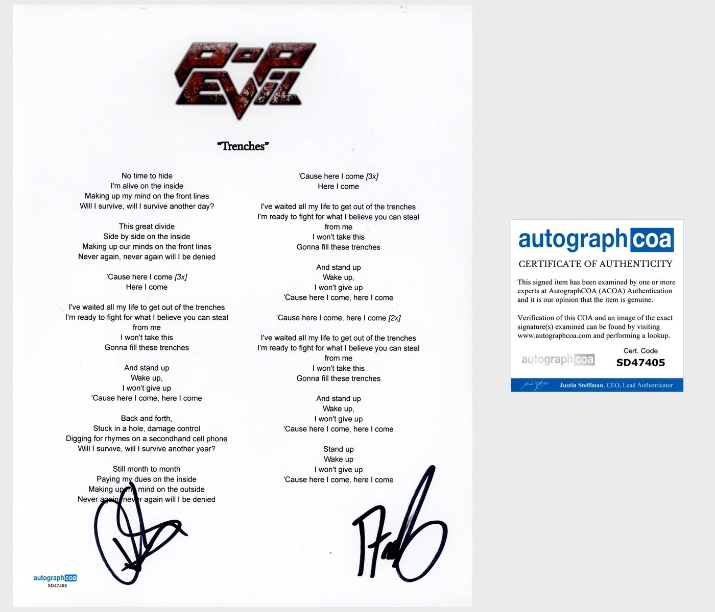 ‘POP EVIL’ BAND SIGNED ‘TRENCHES’ LYRIC SHEET DAVE GRAHS & NICK FUELLING ACOA COLLECTIBLE MEMORABILIA