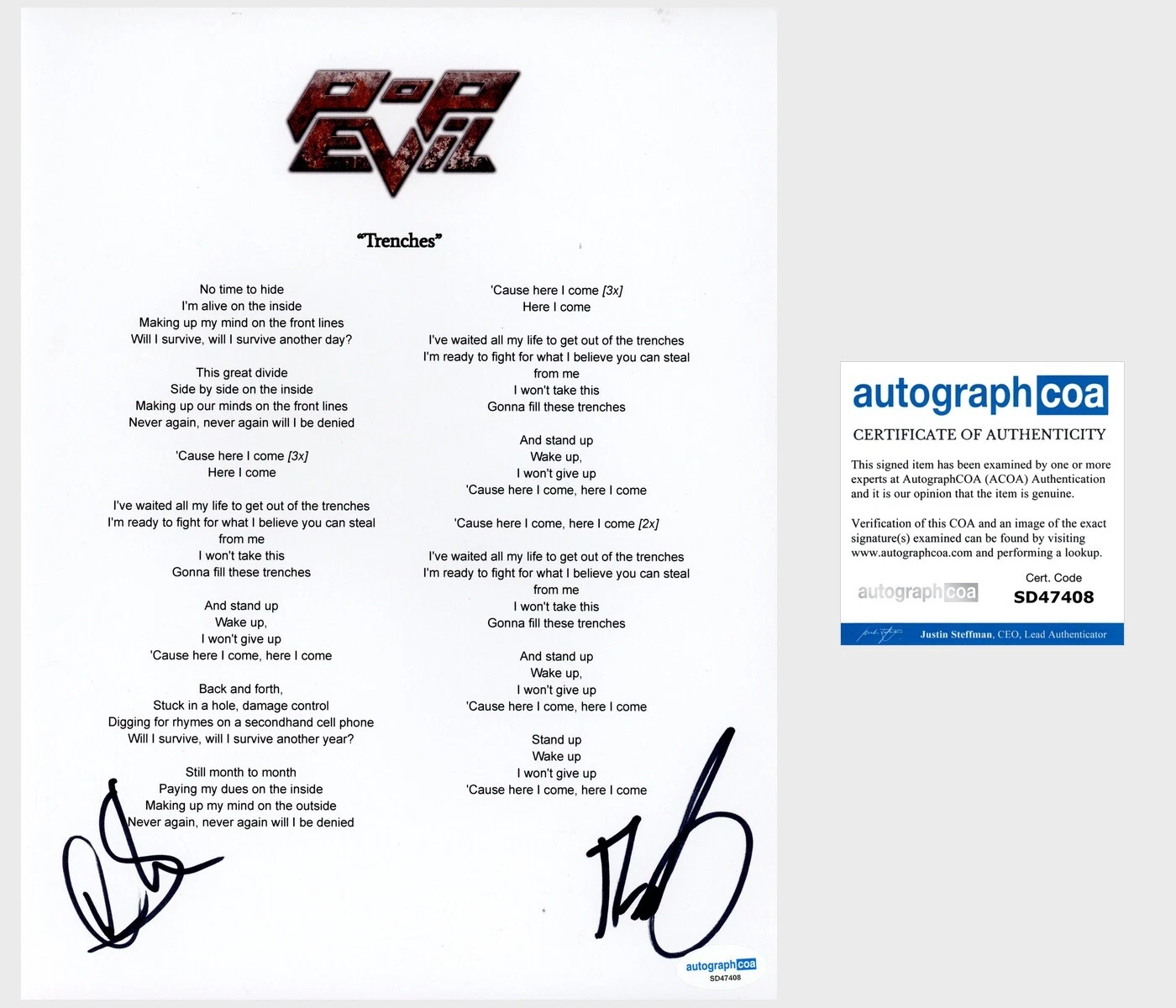 ‘POP EVIL’ BAND SIGNED ‘TRENCHES’ LYRIC SHEET DAVE GRAHS & NICK FUELLING ACOA COLLECTIBLE MEMORABILIA