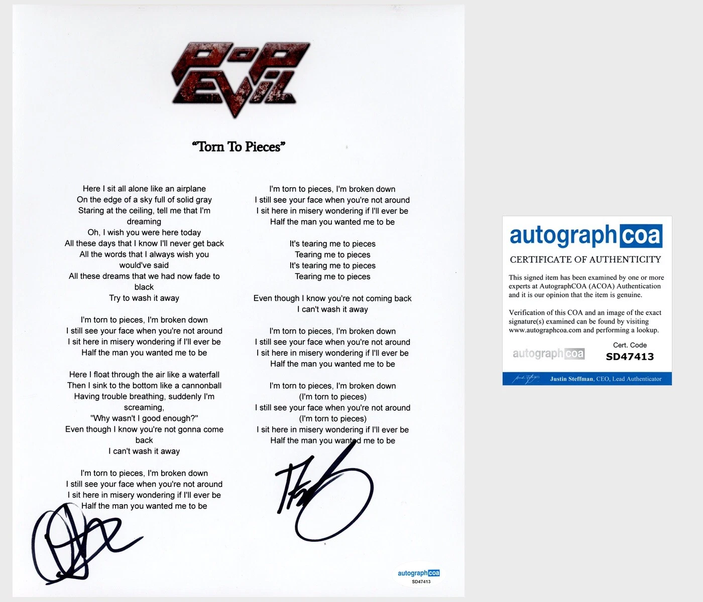 ‘Pop Evil’ Band Signed Torn To Pieces Lyric Sheet Dave Grahs, Nick Fuelling ACOA