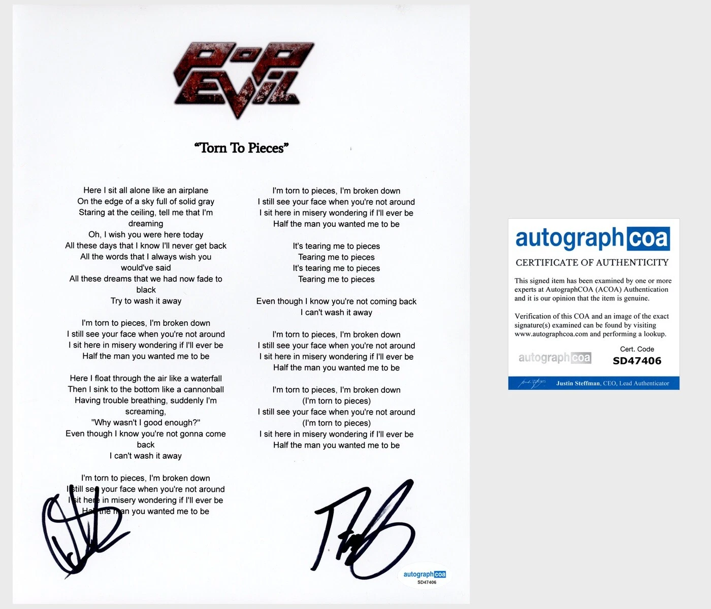 ‘Pop Evil’ Band Signed Torn To Pieces Lyric Sheet Dave Grahs, Nick Fuelling ACOA