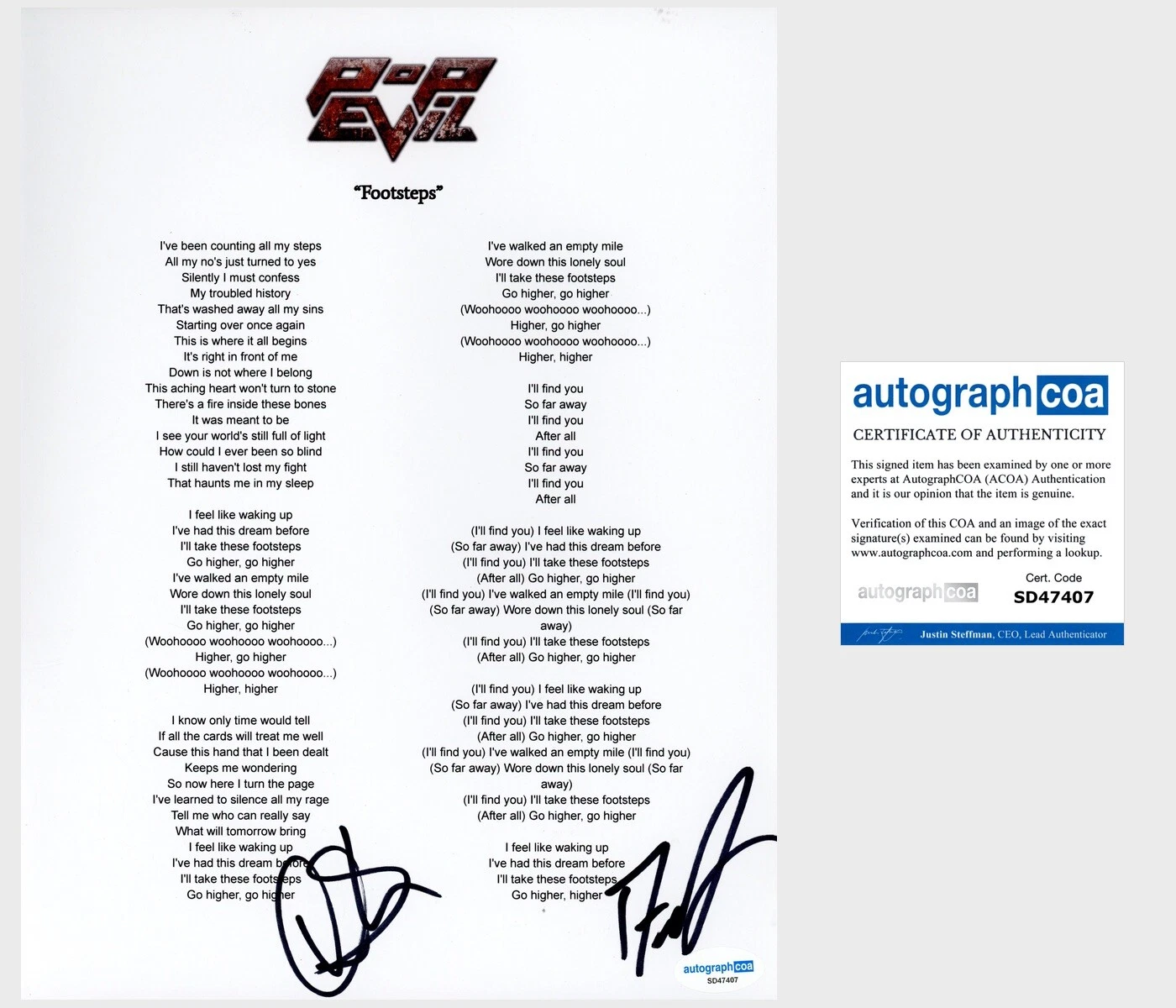 ‘POP EVIL’ BAND SIGNED ‘FOOTSTEPS’ LYRIC SHEET DAVE GRAHS & NICK FUELLING ACOA COLLECTIBLE MEMORABILIA