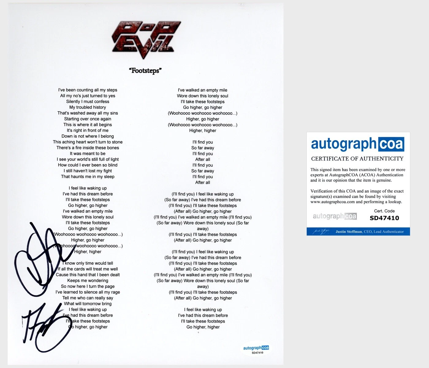 ‘POP EVIL’ BAND SIGNED ‘FOOTSTEPS’ LYRIC SHEET DAVE GRAHS & NICK FUELLING ACOA COLLECTIBLE MEMORABILIA