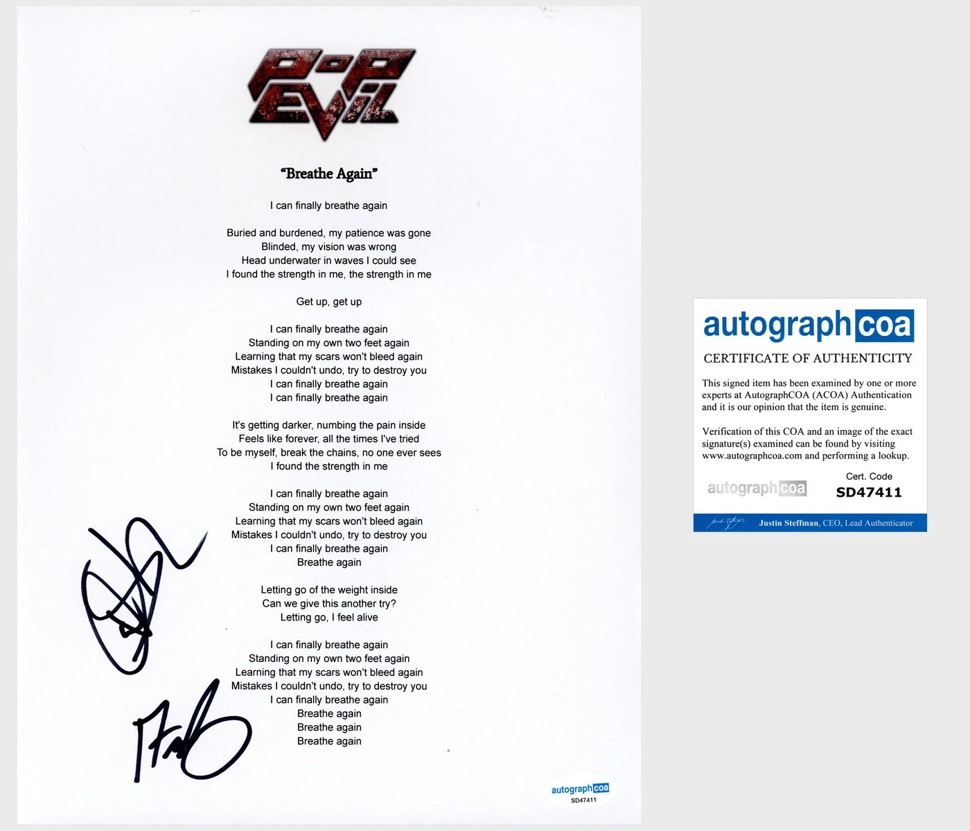 ‘Pop Evil’ Band Signed Breathe Again Lyric Sheet Dave Grahs, Nick Fuelling ACOA