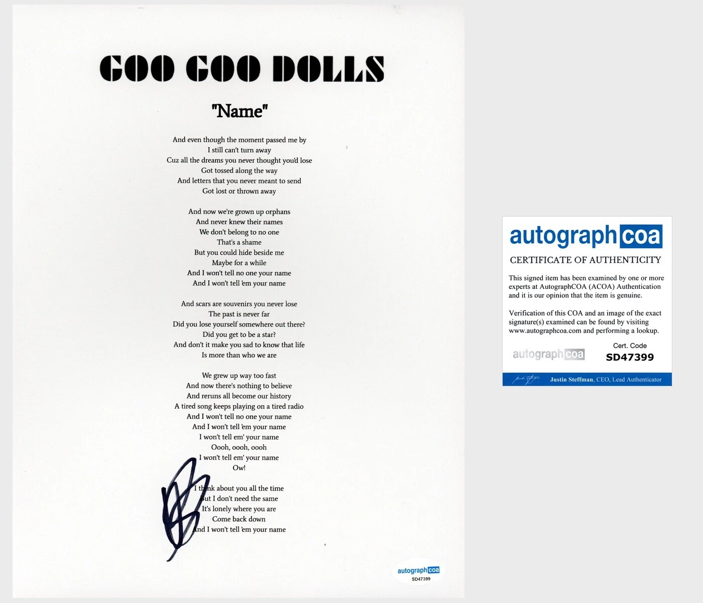 Robby Takac ‘Goo Goo Dolls’ Band Signed ‘Name’ Lyric Sheet ACOA