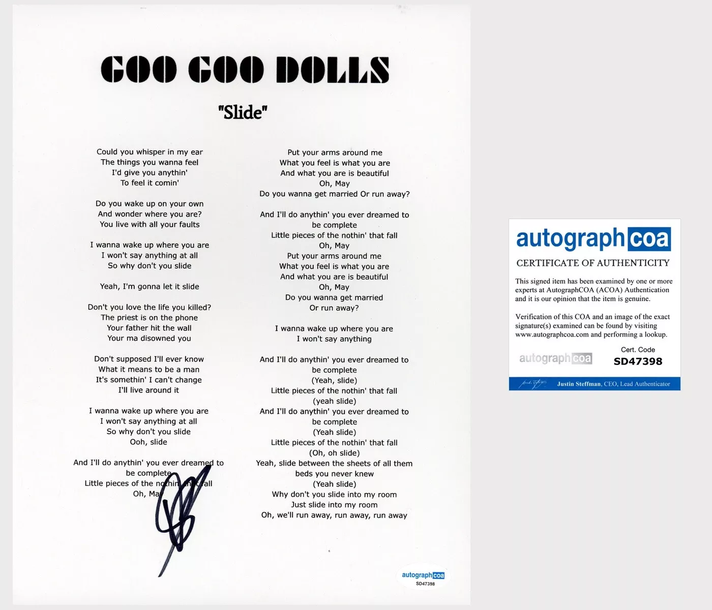 Robby Takac ‘Goo Goo Dolls’ Band Signed ‘Slide’ Lyric Sheet ACOA