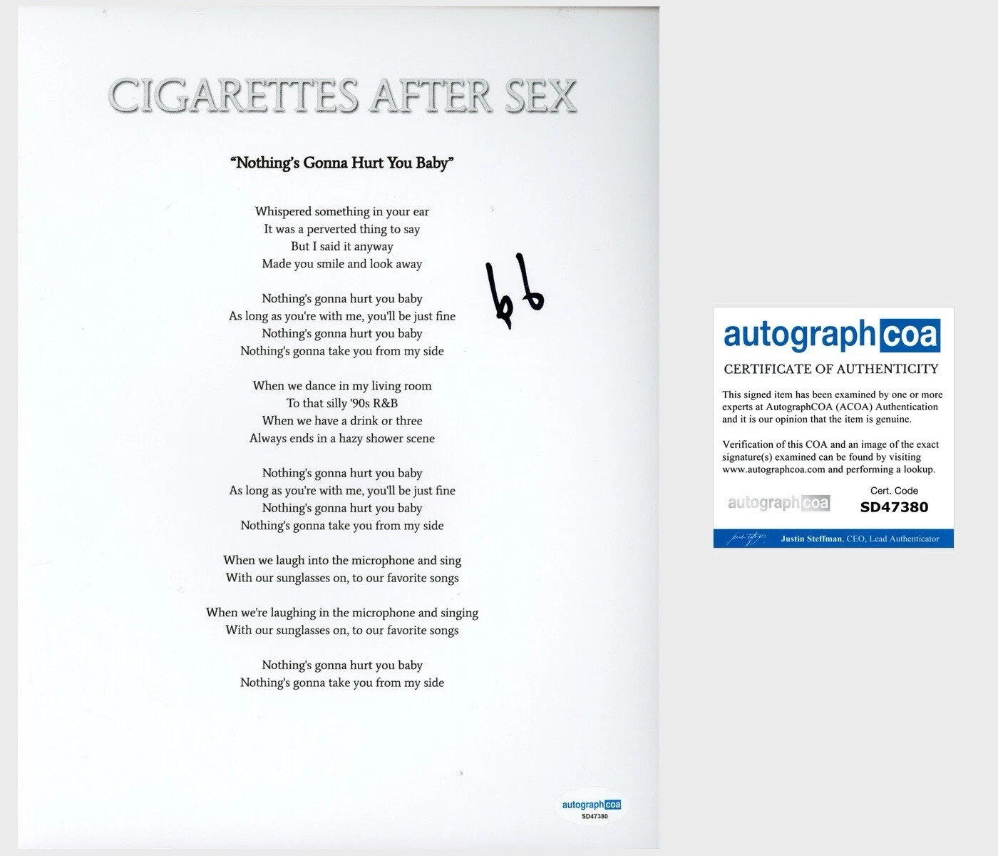 Greg Gonzalez ‘Cigarettes After Sex’ Band Lead Singer Signed Lyric Sheet ACOA