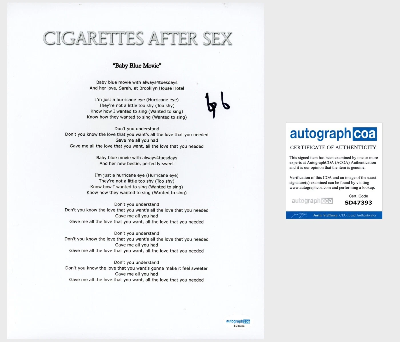 Greg Gonzalez ‘Cigarettes After Sex’ Band Lead Singer Signed Lyric Sheet ACOA