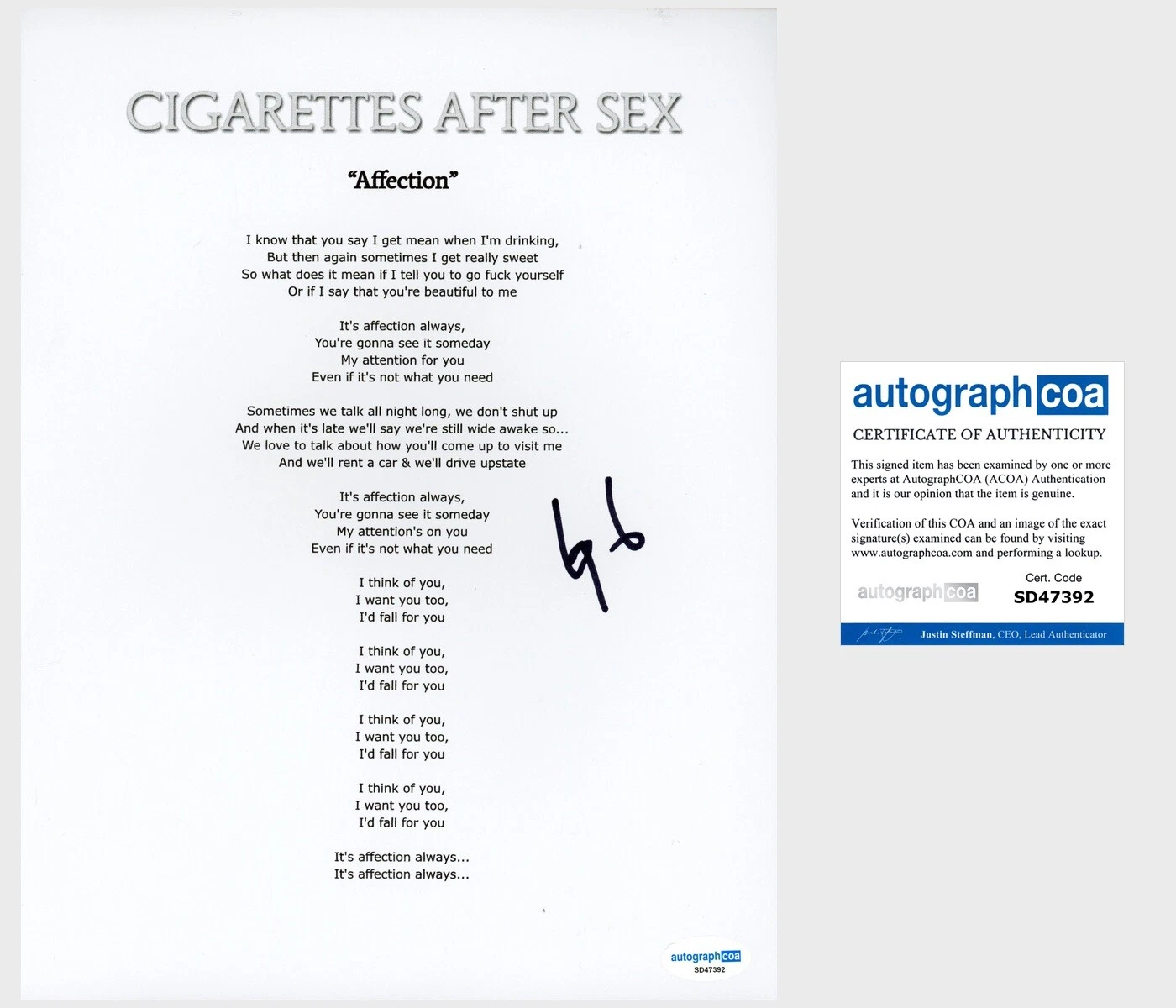 Greg Gonzalez ‘Cigarettes After Sex’ Band Lead Singer Signed Lyric Sheet ACOA