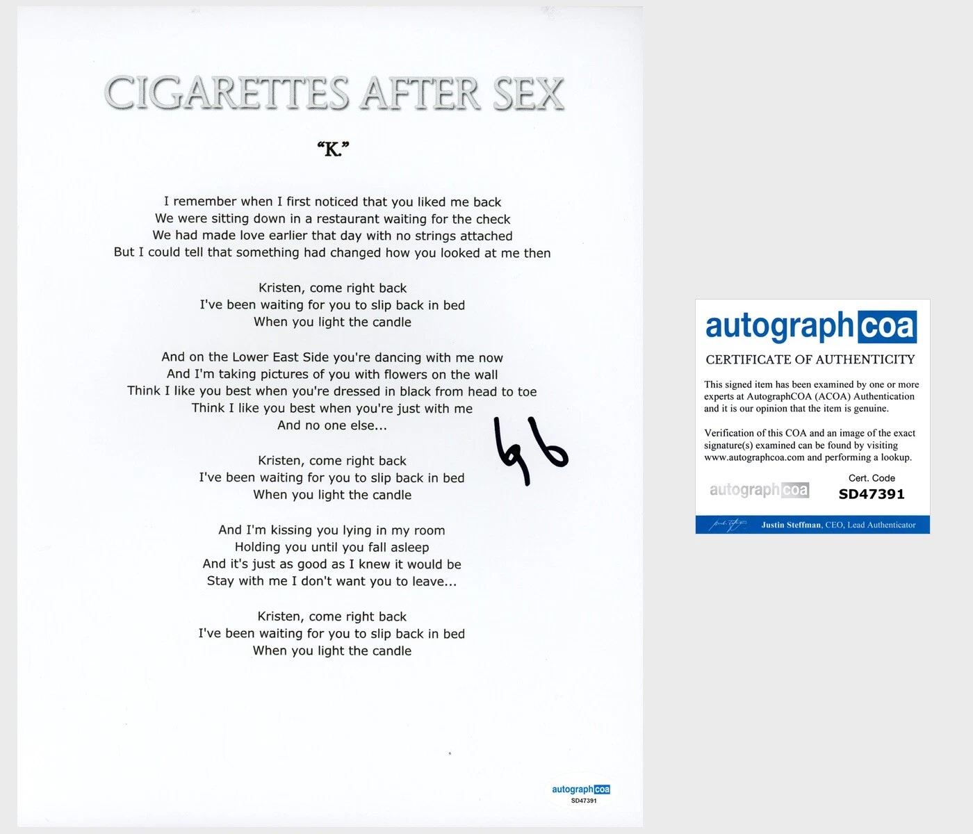 Greg Gonzalez ‘Cigarettes After Sex’ Band Lead Singer Signed Lyric Sheet ACOA