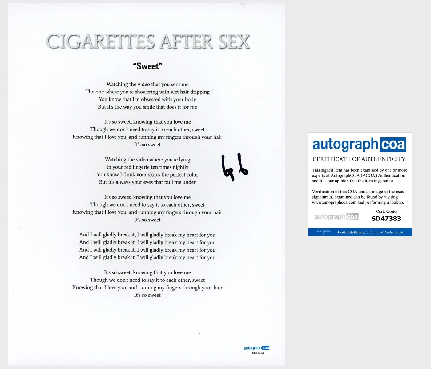 Greg Gonzalez ‘Cigarettes After Sex’ Band Lead Singer Signed Lyric Sheet ACOA