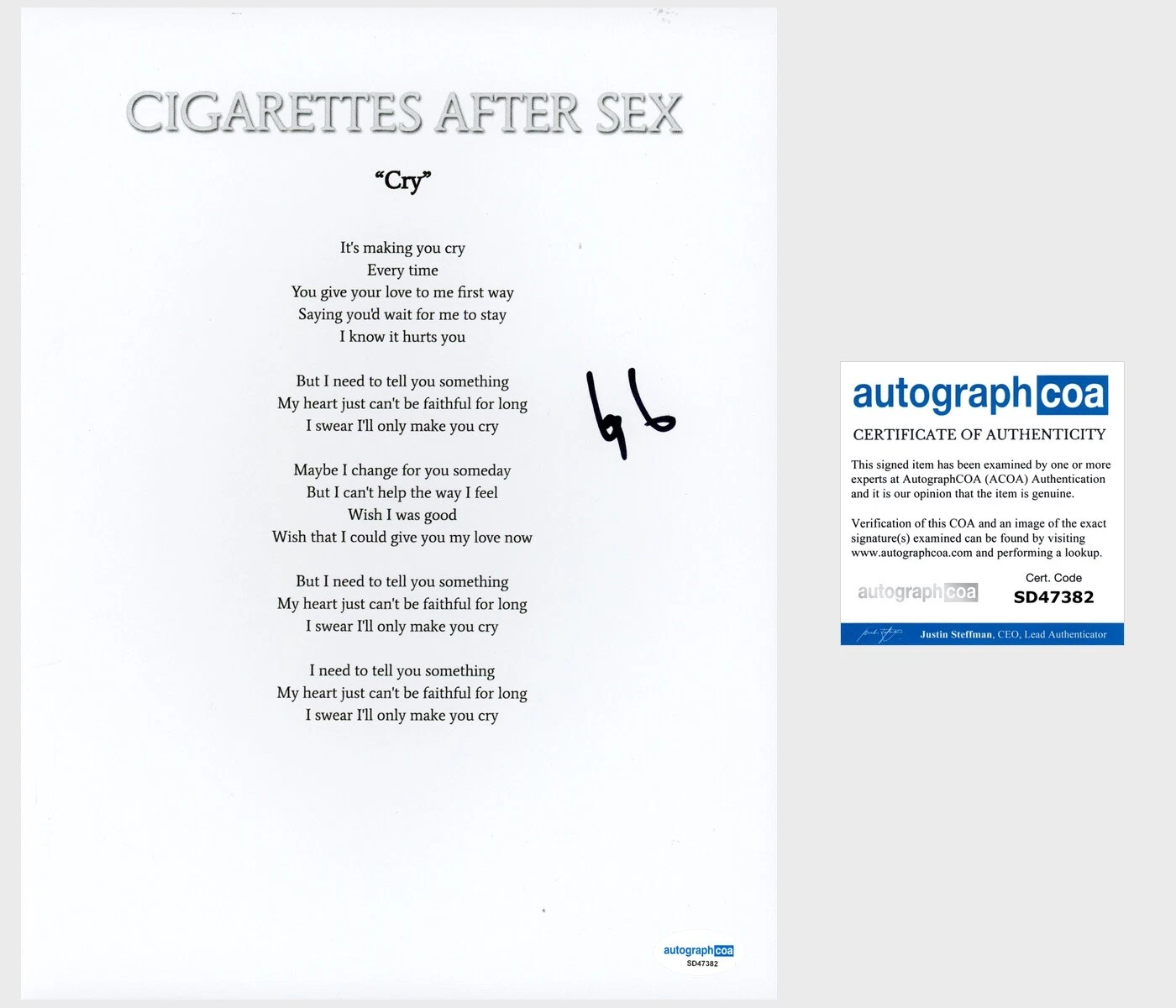 Greg Gonzalez ‘Cigarettes After Sex’ Band Lead Singer Signed Lyric Sheet ACOA