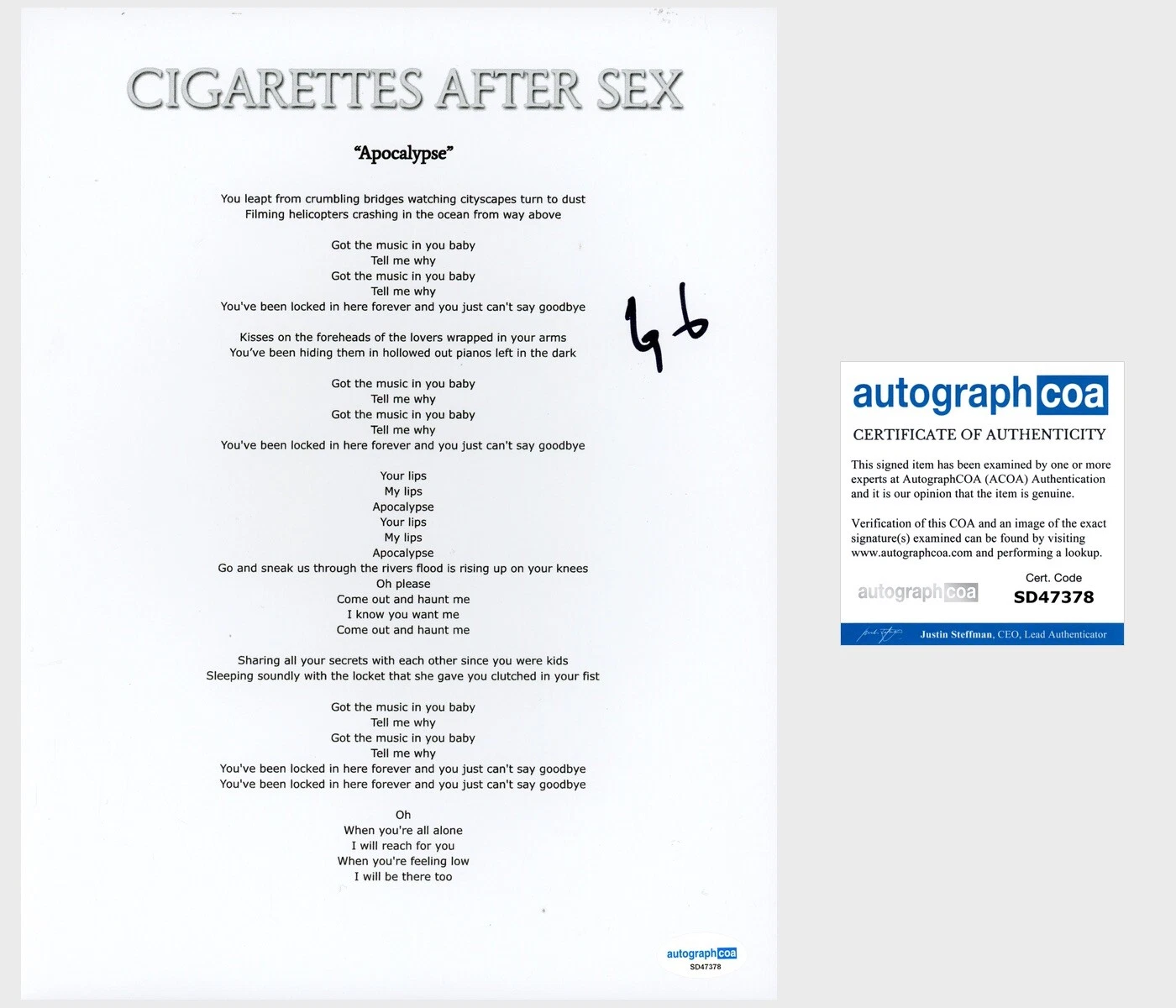 Greg Gonzalez ‘Cigarettes After Sex’ Band Lead Singer Signed Lyric Sheet ACOA