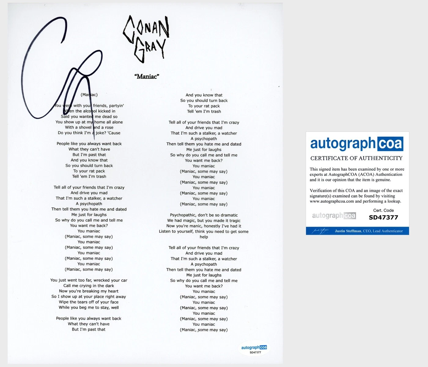 CONAN GRAY SIGNED ‘MANIAC’ LYRIC SHEET POP SINGER ACOA COLLECTIBLE MEMORABILIA