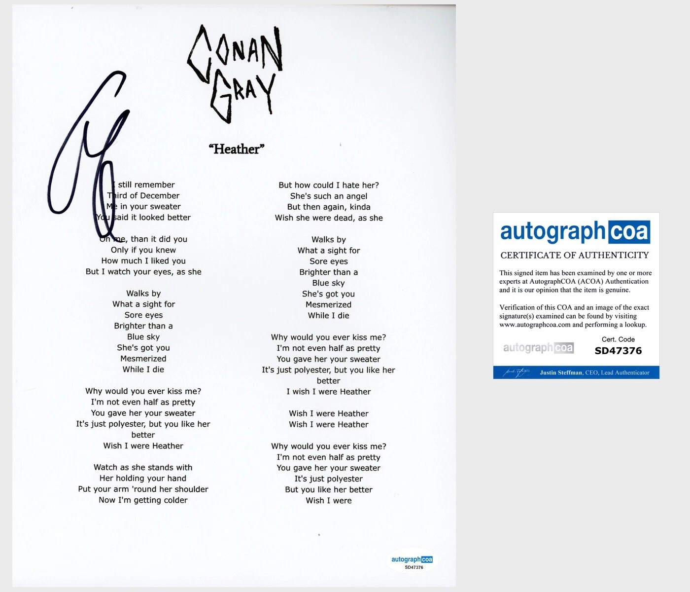 CONAN GRAY SIGNED ‘HEATHER’ LYRIC SHEET POP SINGER ACOA COLLECTIBLE MEMORABILIA