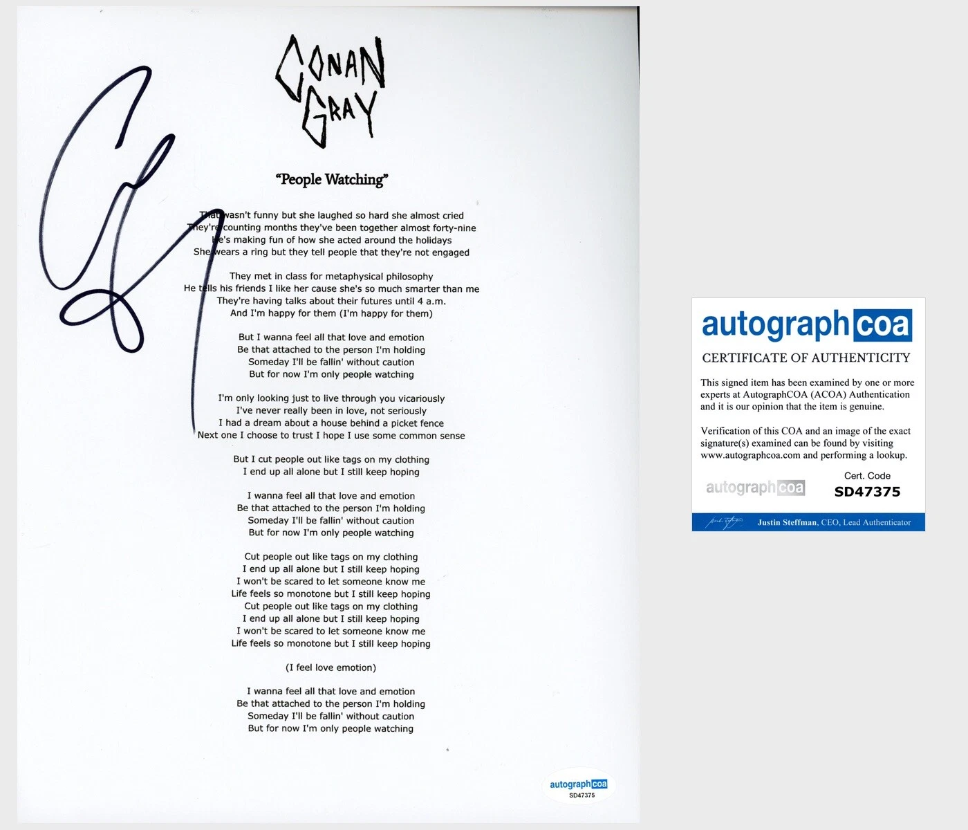 Conan Gray Signed ‘People Watching’ Lyric Sheet Pop Singer ACOA