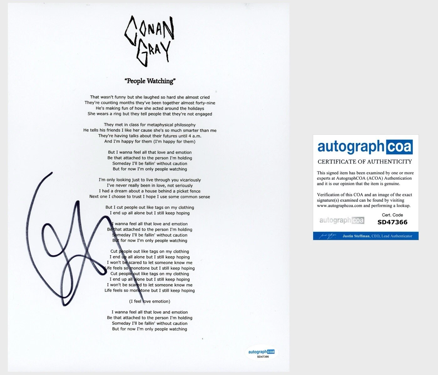 Conan Gray Signed ‘People Watching’ Lyric Sheet Pop Singer ACOA