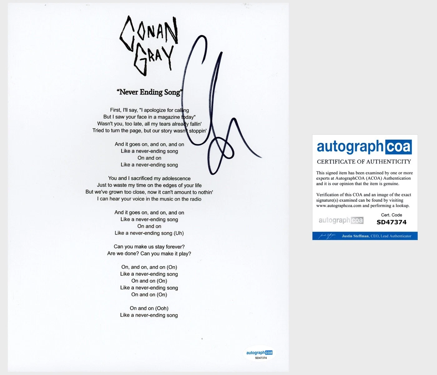 Conan Gray Signed ‘Never Ending Song’ Lyric Sheet Pop Singer ACOA