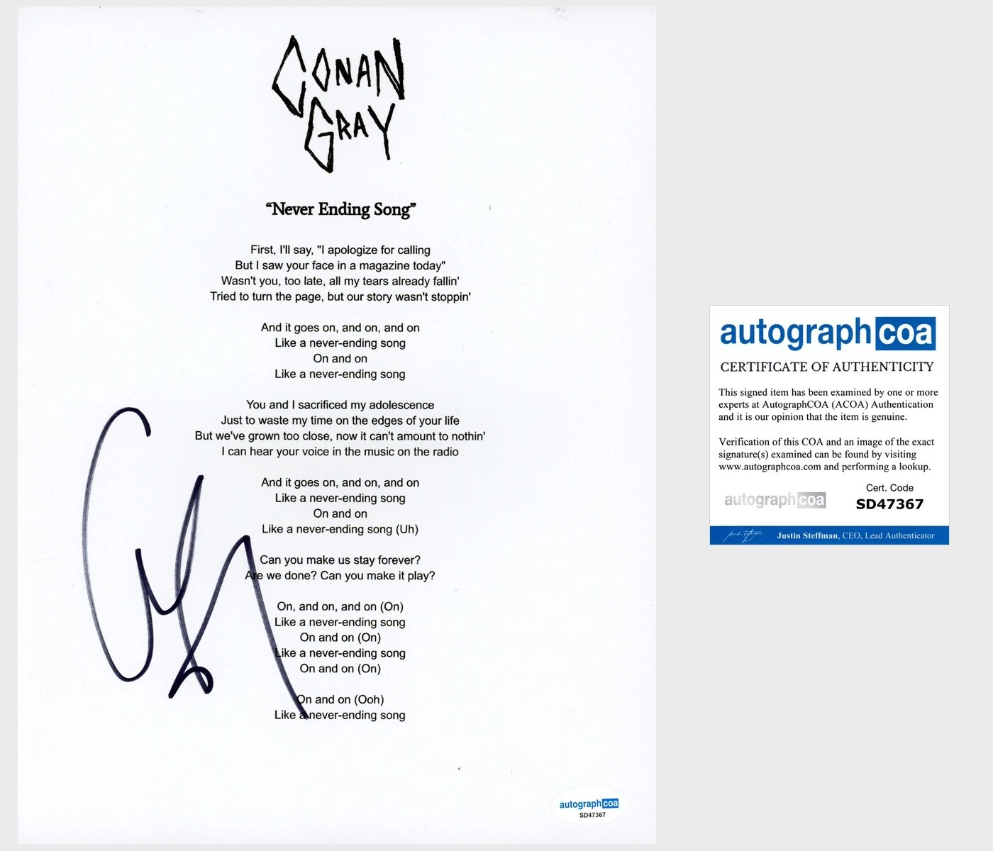 Conan Gray Signed ‘Never Ending Song’ Lyric Sheet Pop Singer ACOA