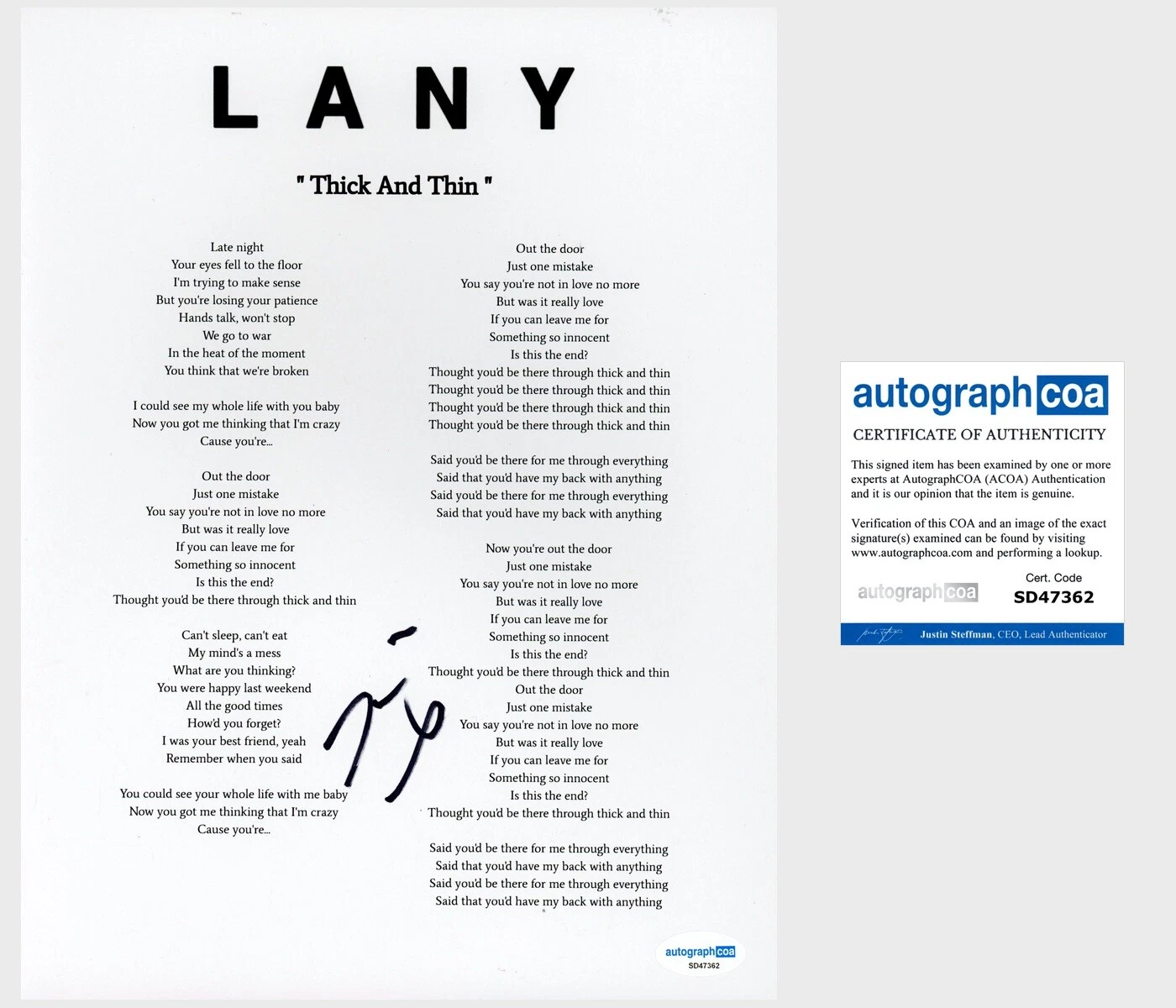 Jake Goss ‘LANY’ Signed Lyric Sheet Pop Band Drummer ‘Thick And Thin’ ACOA