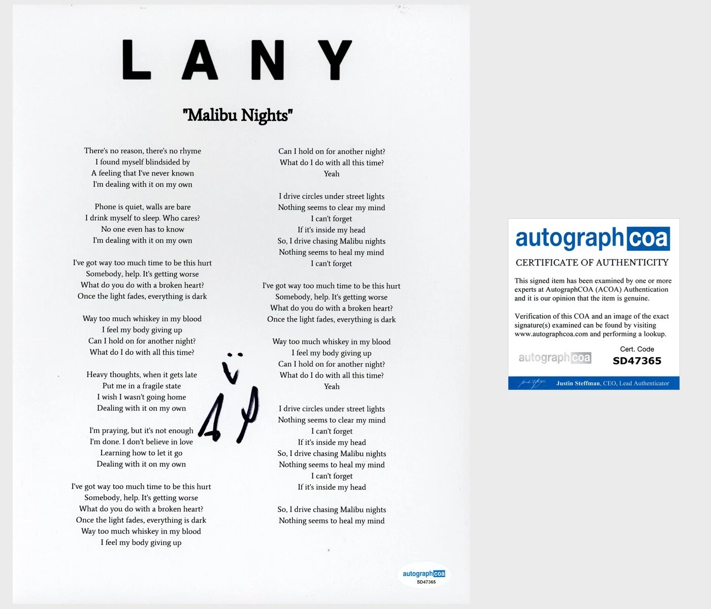 Jake Goss ‘LANY’ Signed Lyric Sheet Pop Band Drummer ‘Malibu Nights’ ACOA